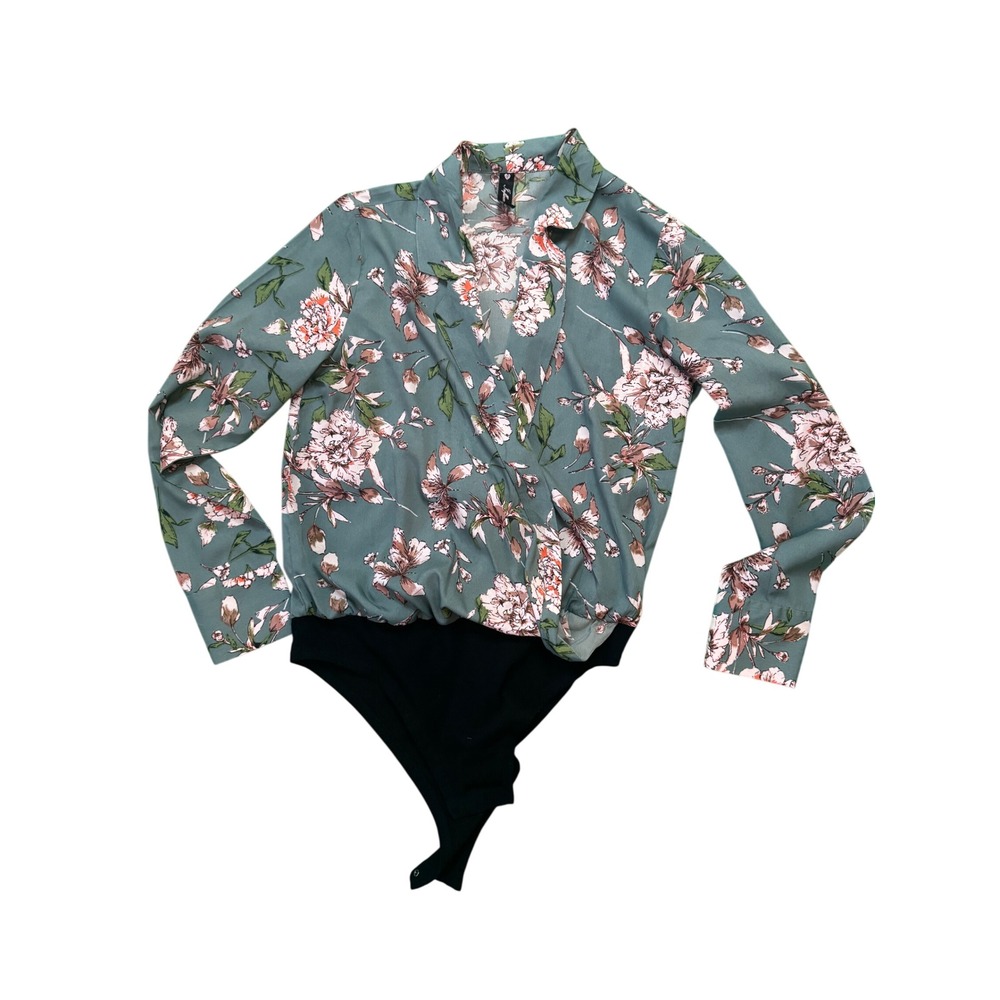 Influence Floral Wrap Bodysuit Long Sleeve Collared Blouse Size 10